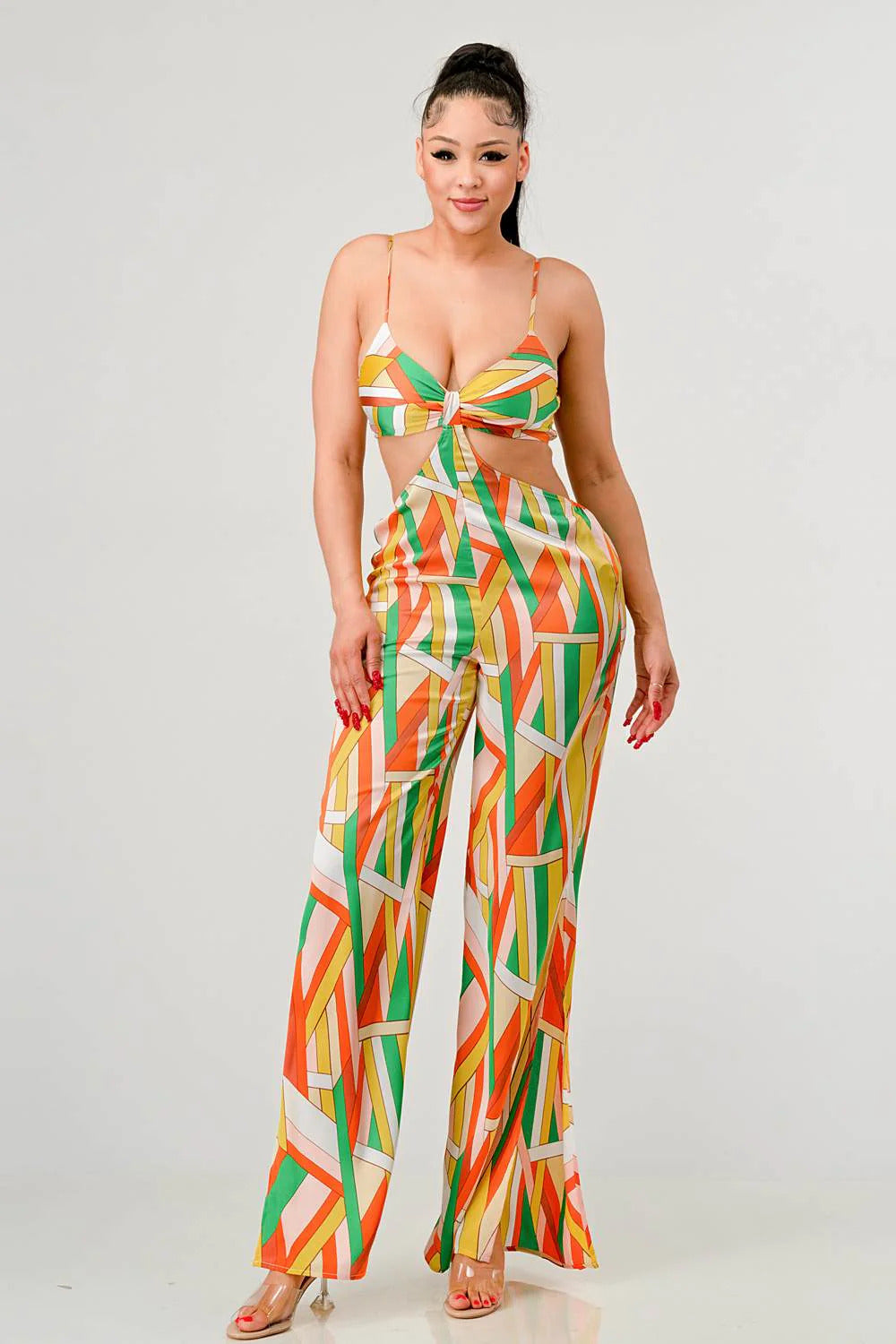 Luxe geo print satin bra top and palazzo jumpsuit Look Up Deals