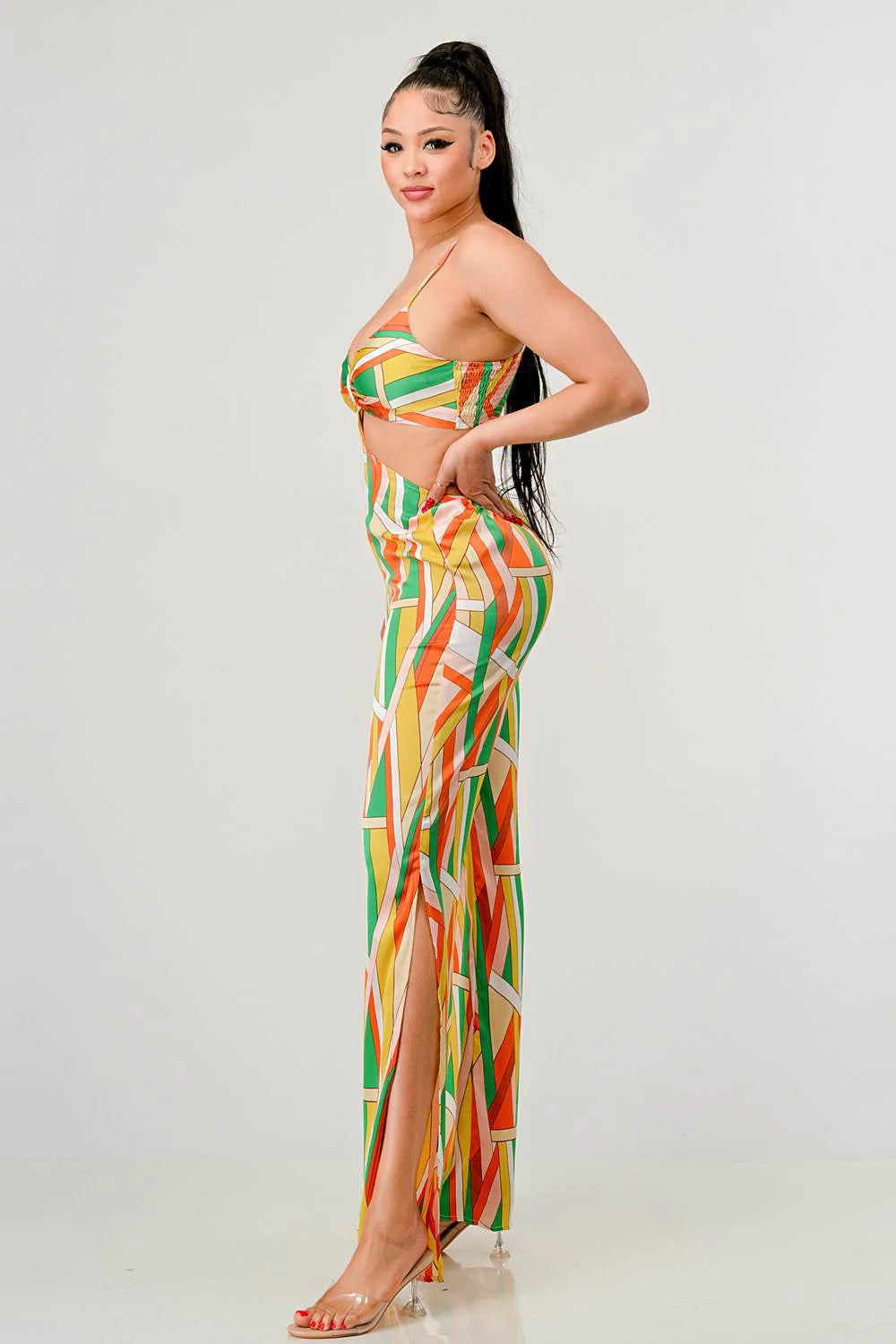 Luxe geo print satin bra top and palazzo jumpsuit Look Up Deals