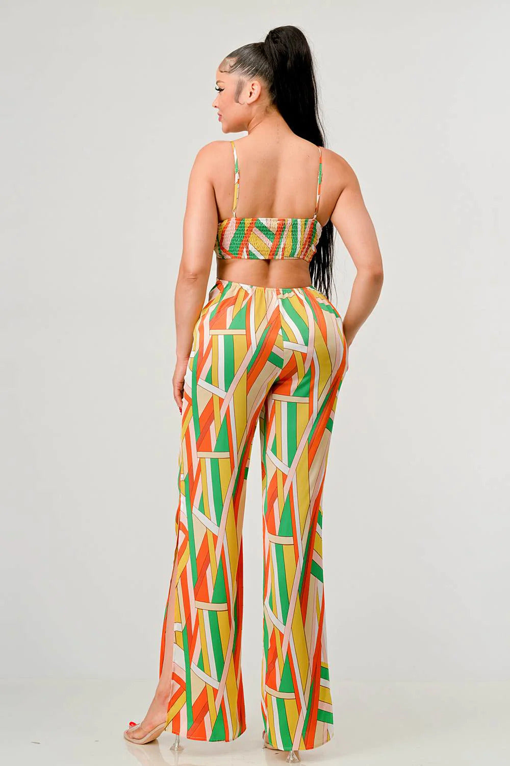 Luxe geo print satin bra top and palazzo jumpsuit Look Up Deals