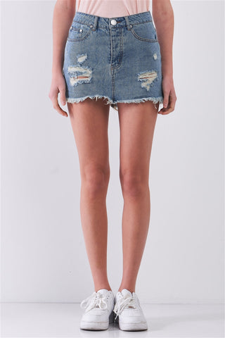 Medium Blue Washed Denim Ripped High Waist Raw Hem Detail Mini Skirt Look Up Deals