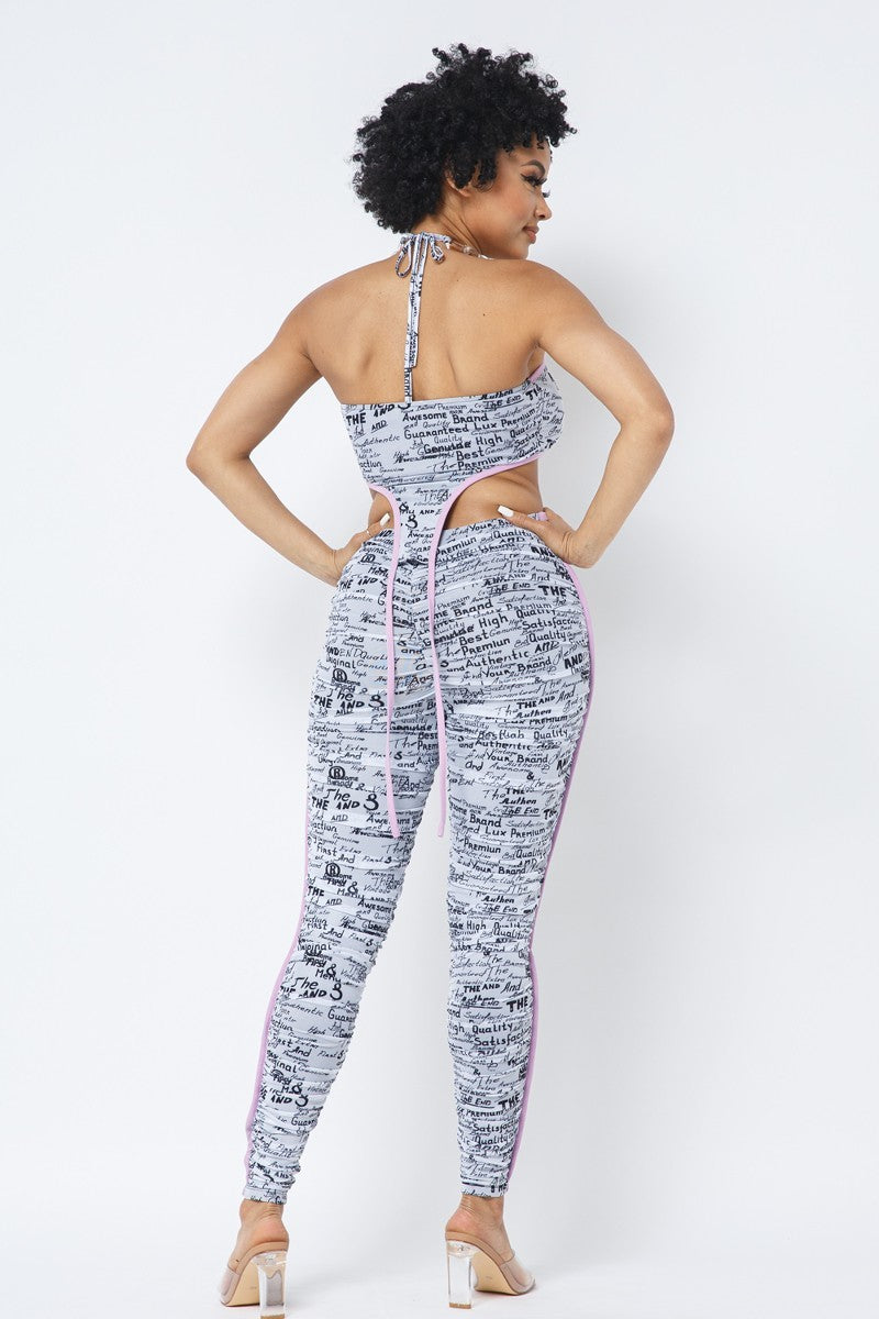 Mesh Print Crop Top With Plastic Chain Halter Neck With Matching Leggings Look Up Deals