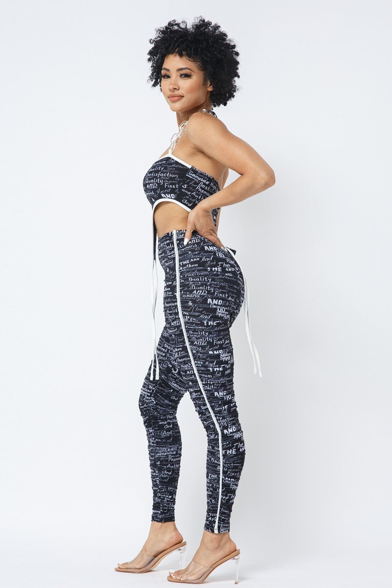 Mesh Print Crop Top With Plastic Chain Halter Neck With Matching Leggings Look Up Deals