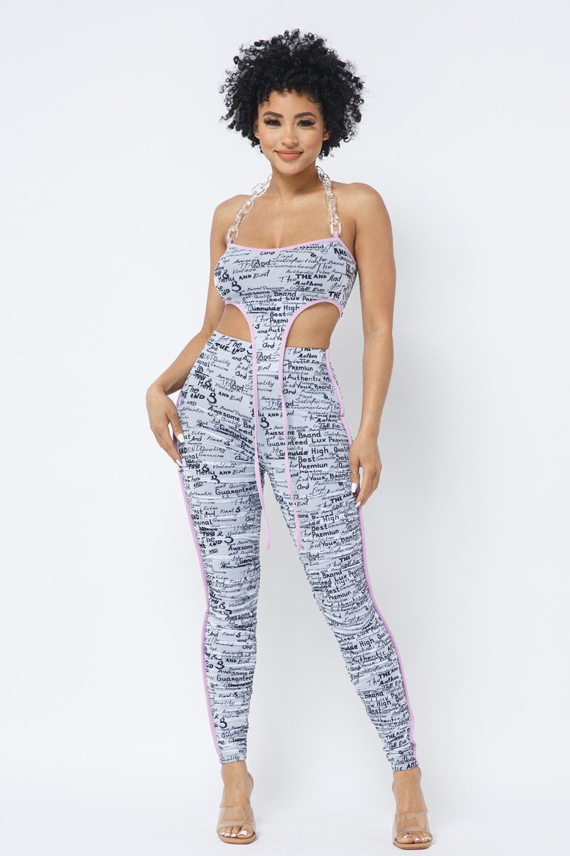 Mesh Print Crop Top With Plastic Chain Halter Neck With Matching Leggings Look Up Deals