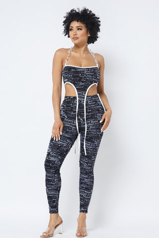 Mesh Print Crop Top With Plastic Chain Halter Neck With Matching Leggings Look Up Deals