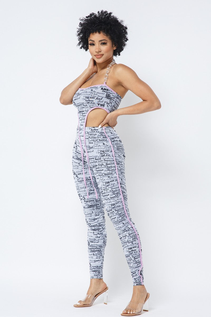 Mesh Print Crop Top With Plastic Chain Halter Neck With Matching Leggings Look Up Deals