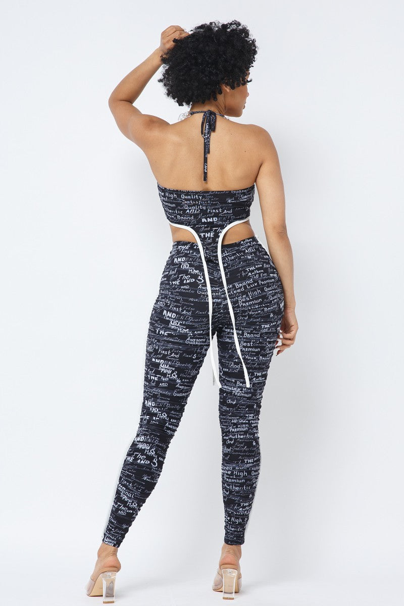 Mesh Print Crop Top With Plastic Chain Halter Neck With Matching Leggings Look Up Deals