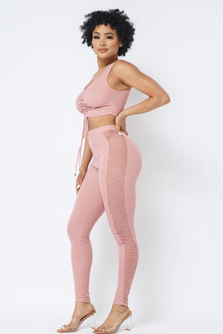 Mesh Strappy Adjustable Ruched Crop Top With Matching See Through Side Panel Leggings Look Up Deals