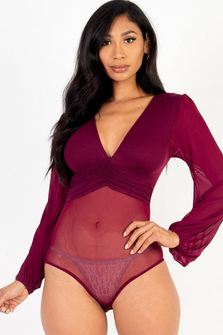 Mesh long sleeve deep v-neck bodysuit Look Up Deals