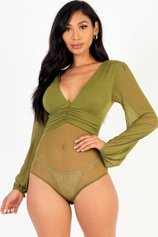 Mesh long sleeve deep v-neck bodysuit Look Up Deals