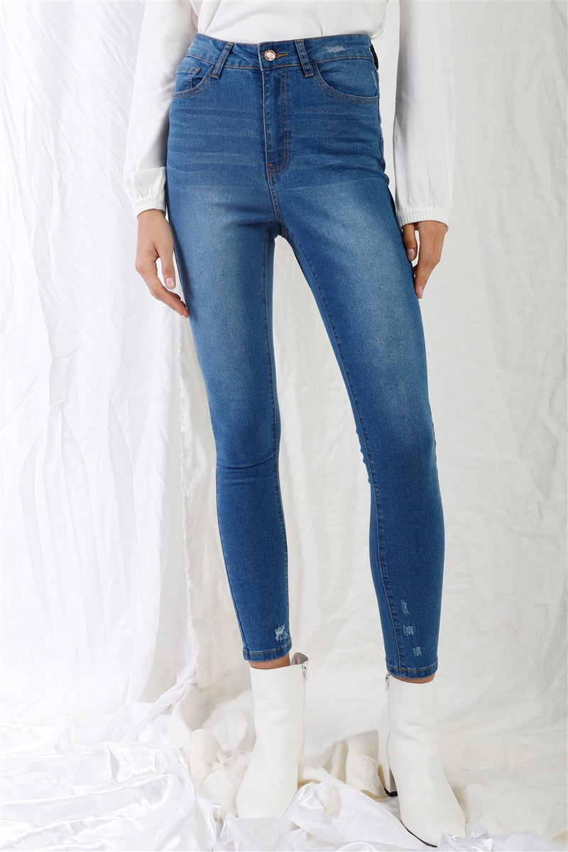 Mid Blue High-waisted With Rips Skinny Denim Jeans Look Up Deals