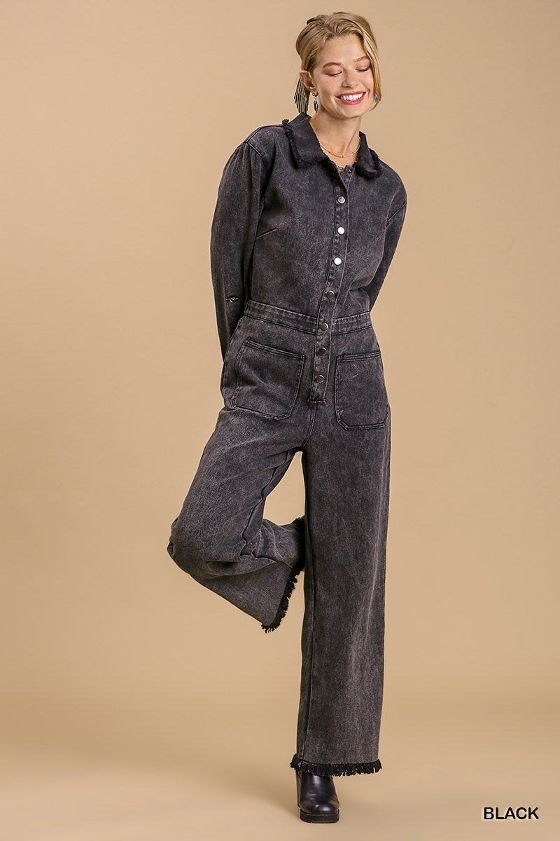 Mid button down stone wash wide leg distressed jumpsuit & side pockets with no lining Look Up Deals