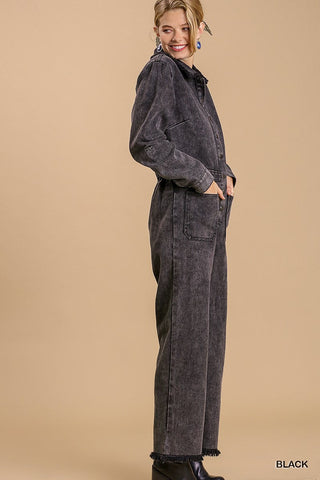 Mid button down stone wash wide leg distressed jumpsuit & side pockets with no lining Look Up Deals