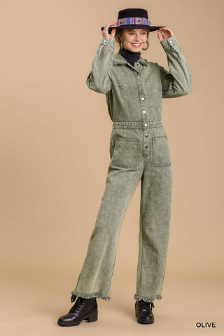 Mid button down stone wash wide leg distressed jumpsuit & side pockets with no lining Look Up Deals