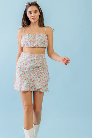 Mint Fuchsia Print Cotton Sleeveless Strappy Crop Top & High Waist Wrap Hem Mini Skirt Set Look Up Deals