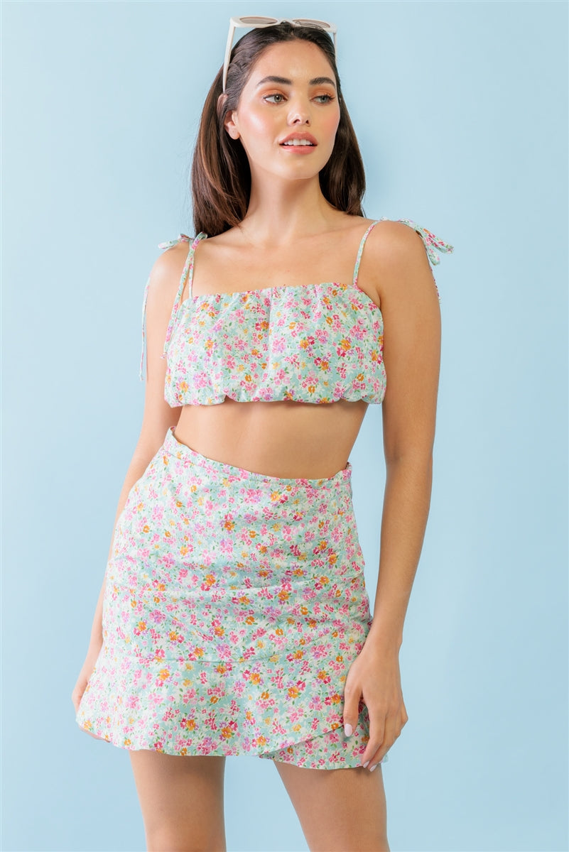 Mint Fuchsia Print Cotton Sleeveless Strappy Crop Top & High Waist Wrap Hem Mini Skirt Set Look Up Deals