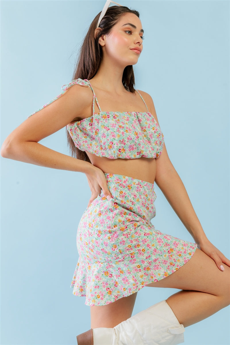 Mint Fuchsia Print Cotton Sleeveless Strappy Crop Top & High Waist Wrap Hem Mini Skirt Set Look Up Deals