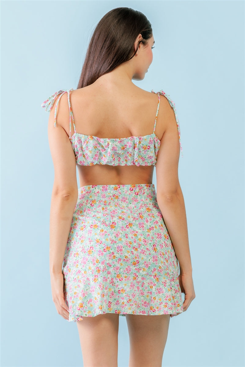 Mint Fuchsia Print Cotton Sleeveless Strappy Crop Top & High Waist Wrap Hem Mini Skirt Set Look Up Deals