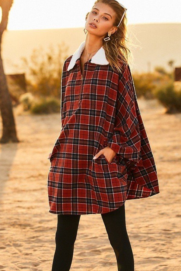 Mock Neck With Zipper Contrast Inside Front Pocket Plaid Poncho Look Up Deals