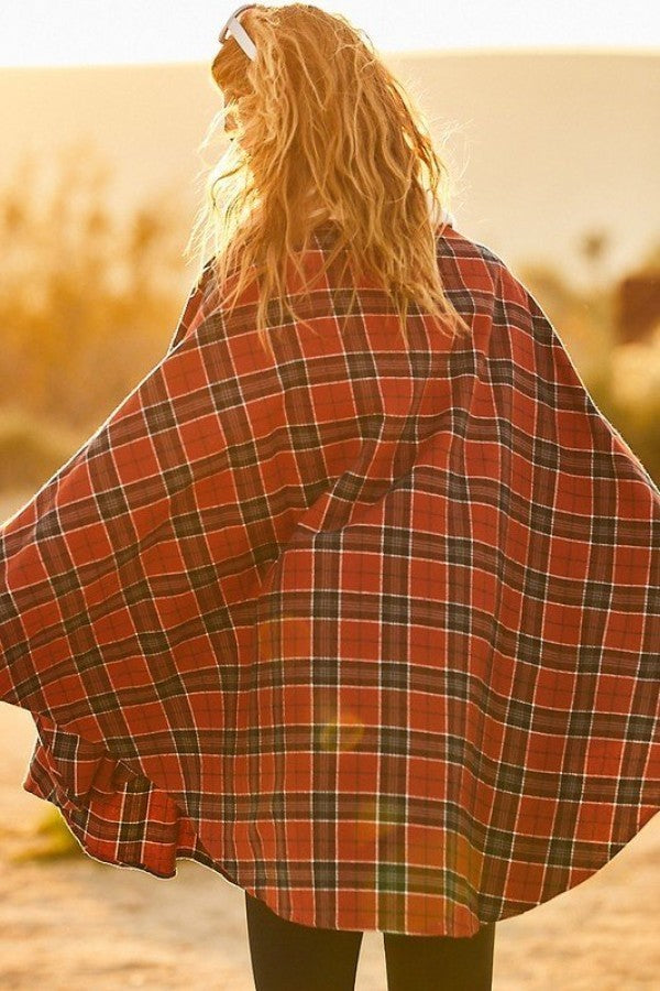 Mock Neck With Zipper Contrast Inside Front Pocket Plaid Poncho Look Up Deals