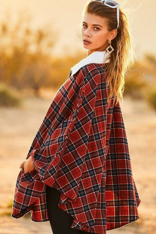 Mock Neck With Zipper Contrast Inside Front Pocket Plaid Poncho Look Up Deals