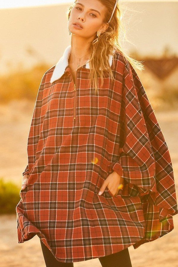 Mock Neck With Zipper Contrast Inside Front Pocket Plaid Poncho Look Up Deals