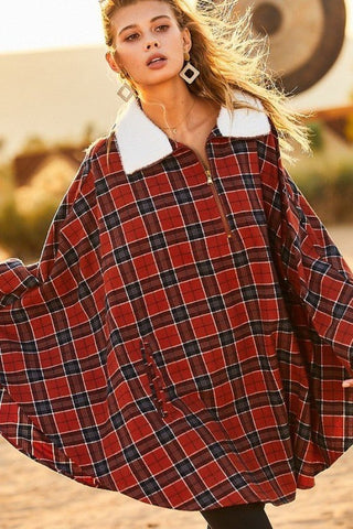 Mock Neck With Zipper Contrast Inside Front Pocket Plaid Poncho Look Up Deals