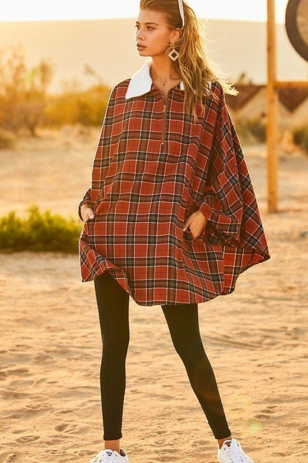 Mock Neck With Zipper Contrast Inside Front Pocket Plaid Poncho Look Up Deals