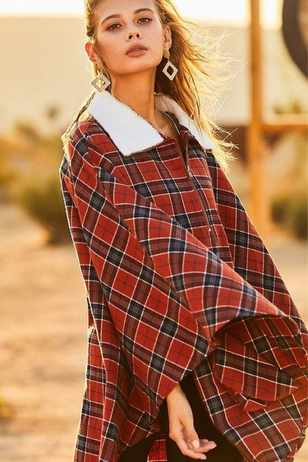 Mock Neck With Zipper Contrast Inside Front Pocket Plaid Poncho Look Up Deals