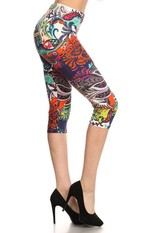 Multi-color Ornate Print Cropped Length Fitted Leggings With High Elastic Waist. Look Up Deals