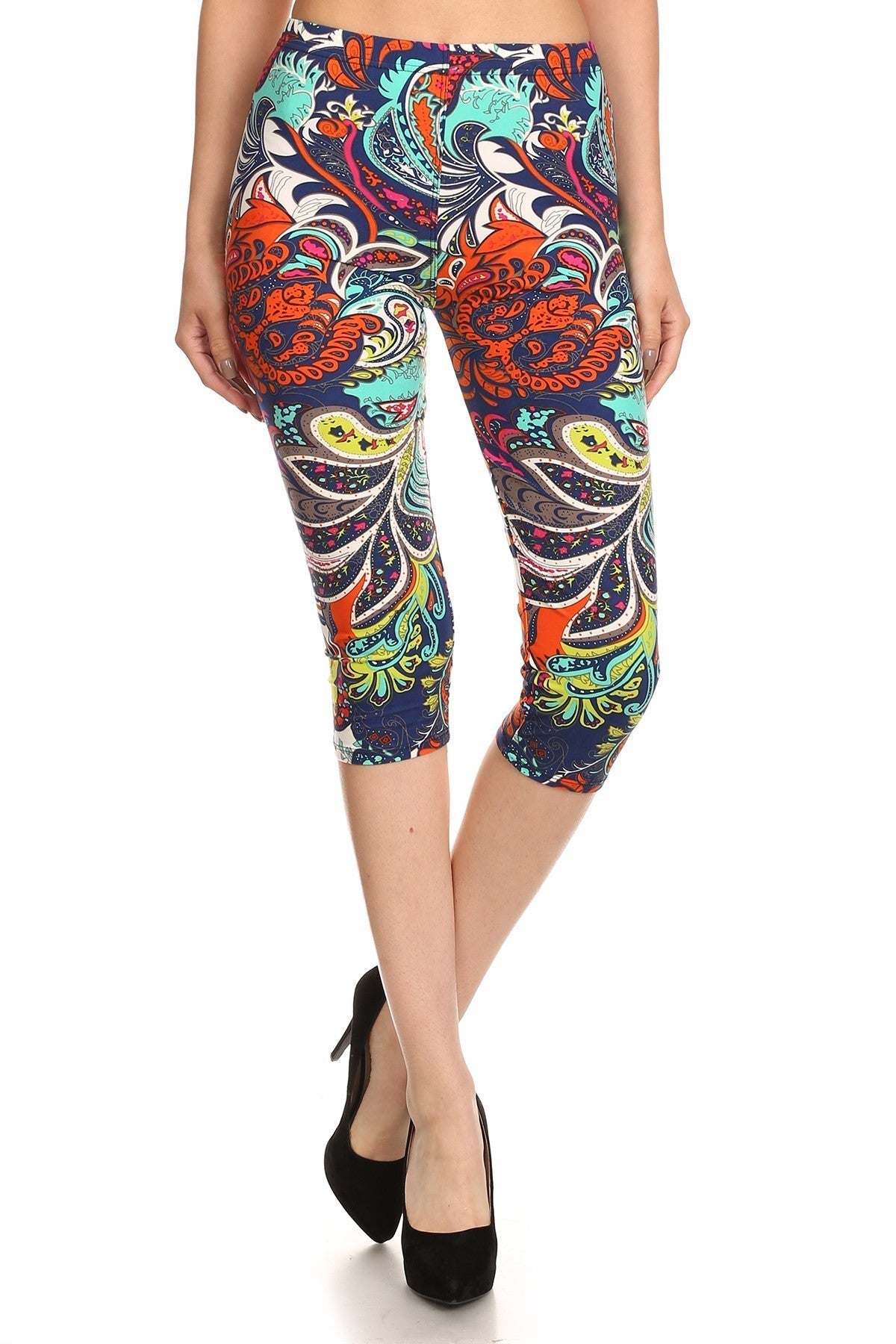 Multi-color Ornate Print Cropped Length Fitted Leggings With High Elastic Waist. Look Up Deals