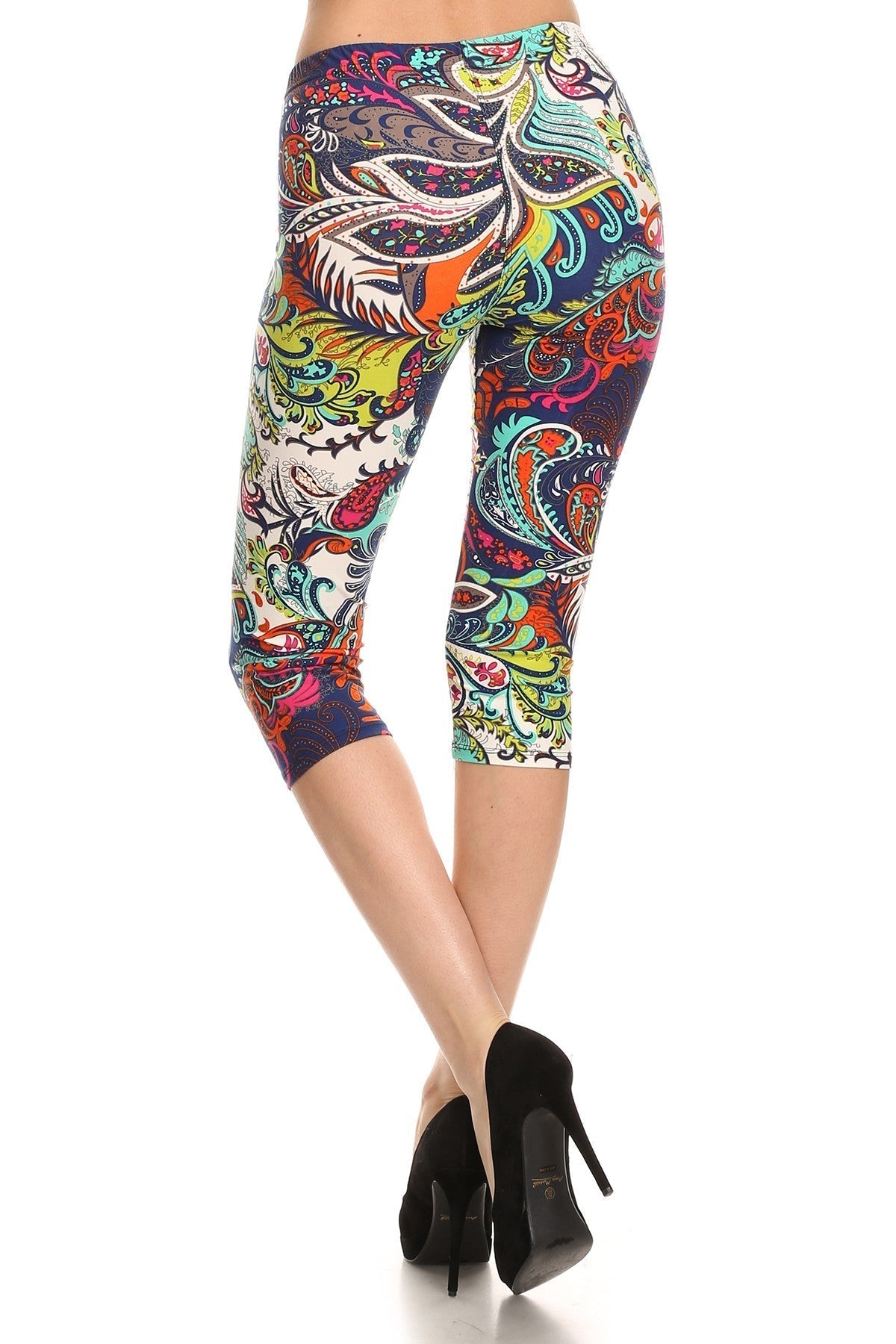 Multi-color Ornate Print Cropped Length Fitted Leggings With High Elastic Waist. Look Up Deals