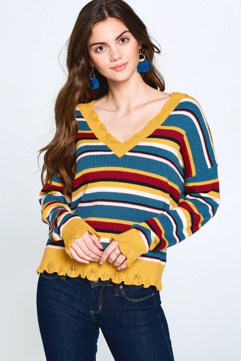 Multi-colored Variegated Striped Knit Sweater Look Up Deals