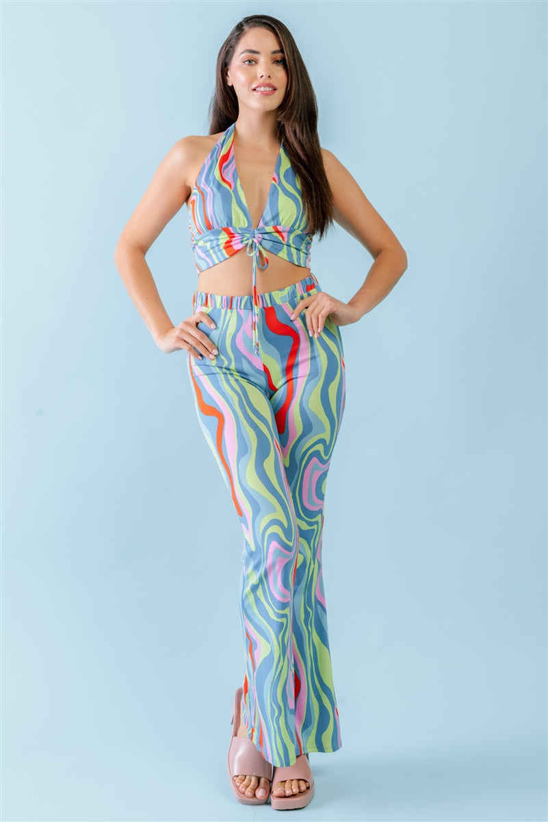 Multicolor Abstract Print Halter V-neck Ruched Open Back Crop Top & High Waist Pants Set Look Up Deals