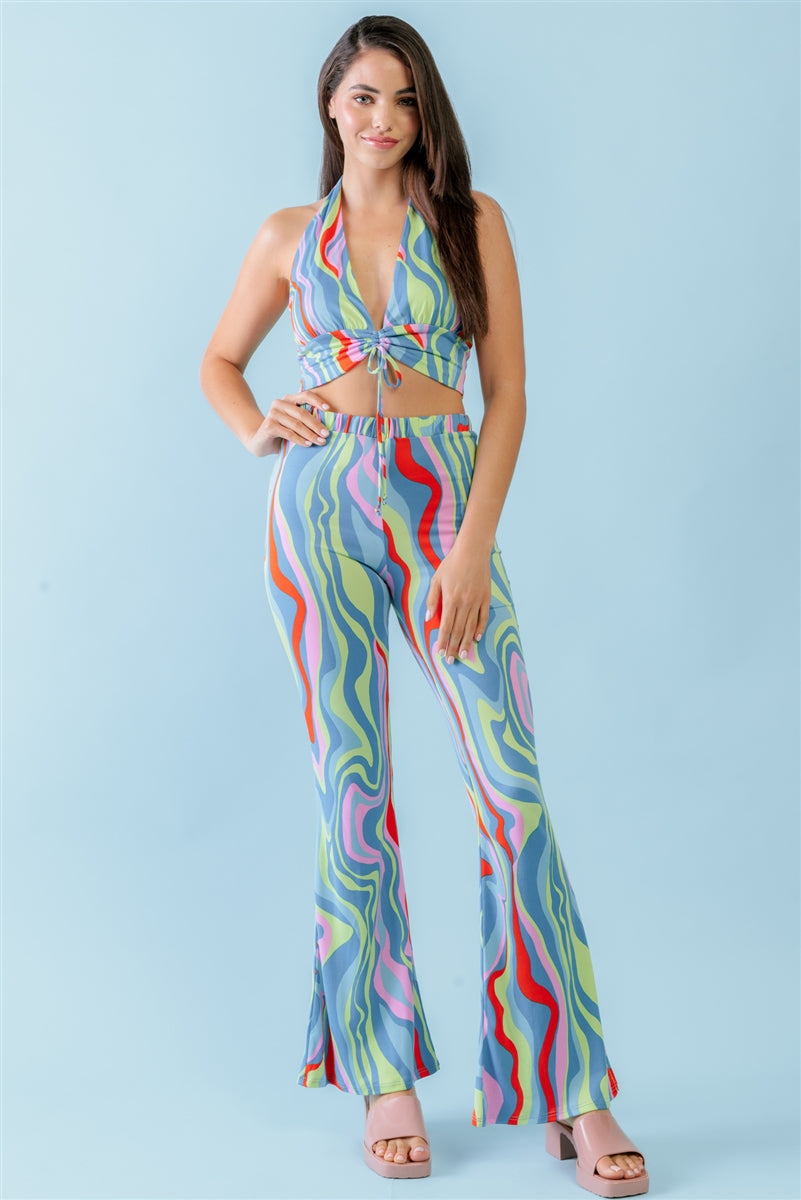 Multicolor Abstract Print Halter V-neck Ruched Open Back Crop Top & High Waist Pants Set Look Up Deals