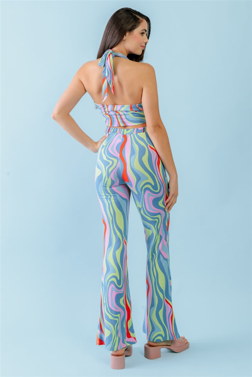 Multicolor Abstract Print Halter V-neck Ruched Open Back Crop Top & High Waist Pants Set Look Up Deals