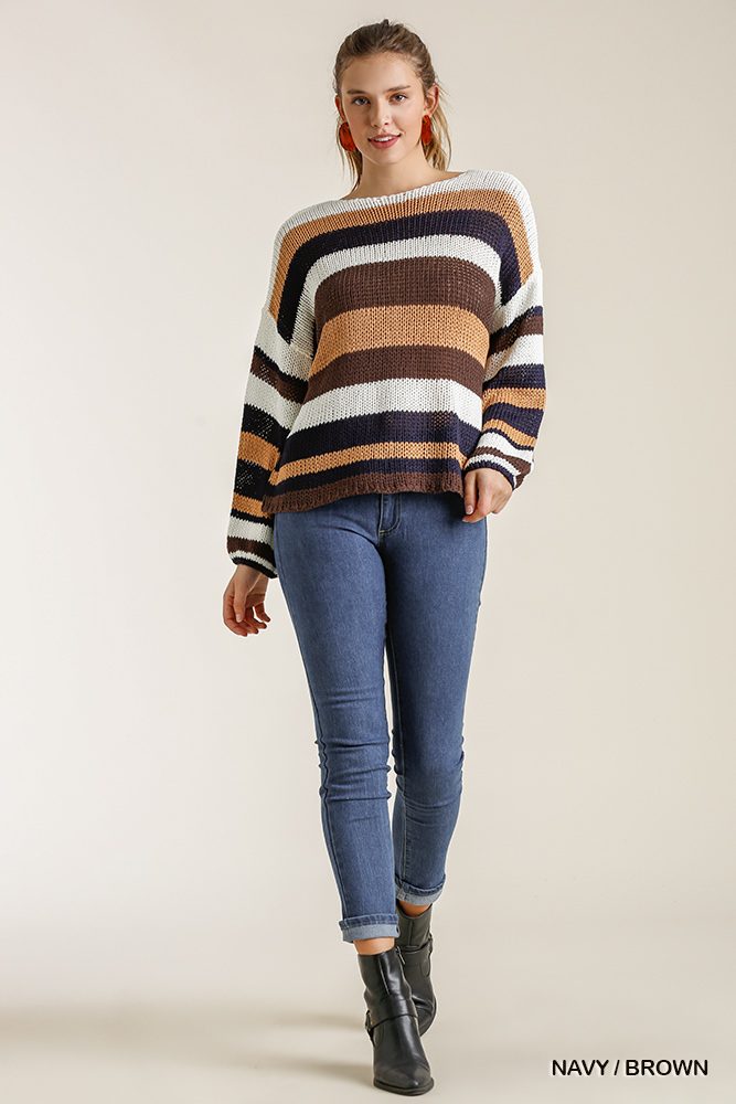 Multicolored Stripe Round Neck Long Sleeve Knit Sweater Look Up Deals