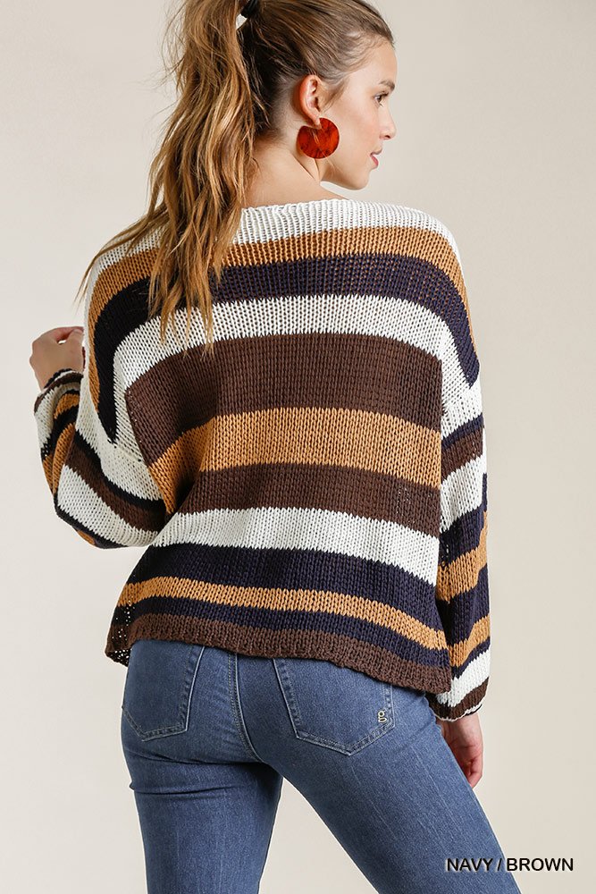 Multicolored Stripe Round Neck Long Sleeve Knit Sweater Look Up Deals