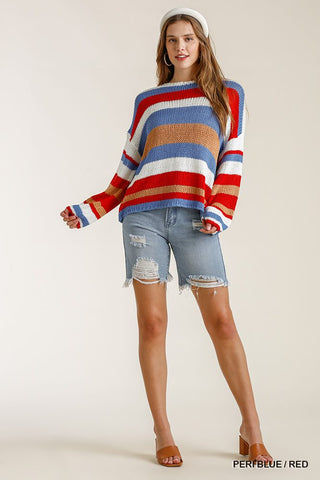 Multicolored Stripe Round Neck Long Sleeve Knit Sweater Look Up Deals