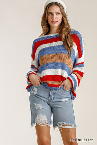 Multicolored Stripe Round Neck Long Sleeve Knit Sweater Look Up Deals