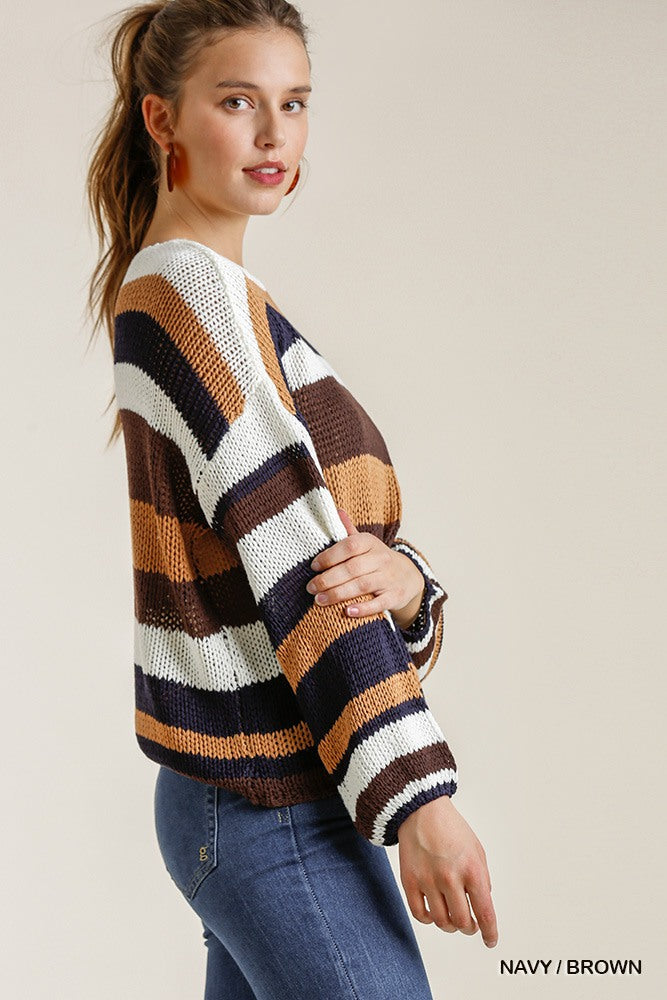 Multicolored Stripe Round Neck Long Sleeve Knit Sweater Look Up Deals