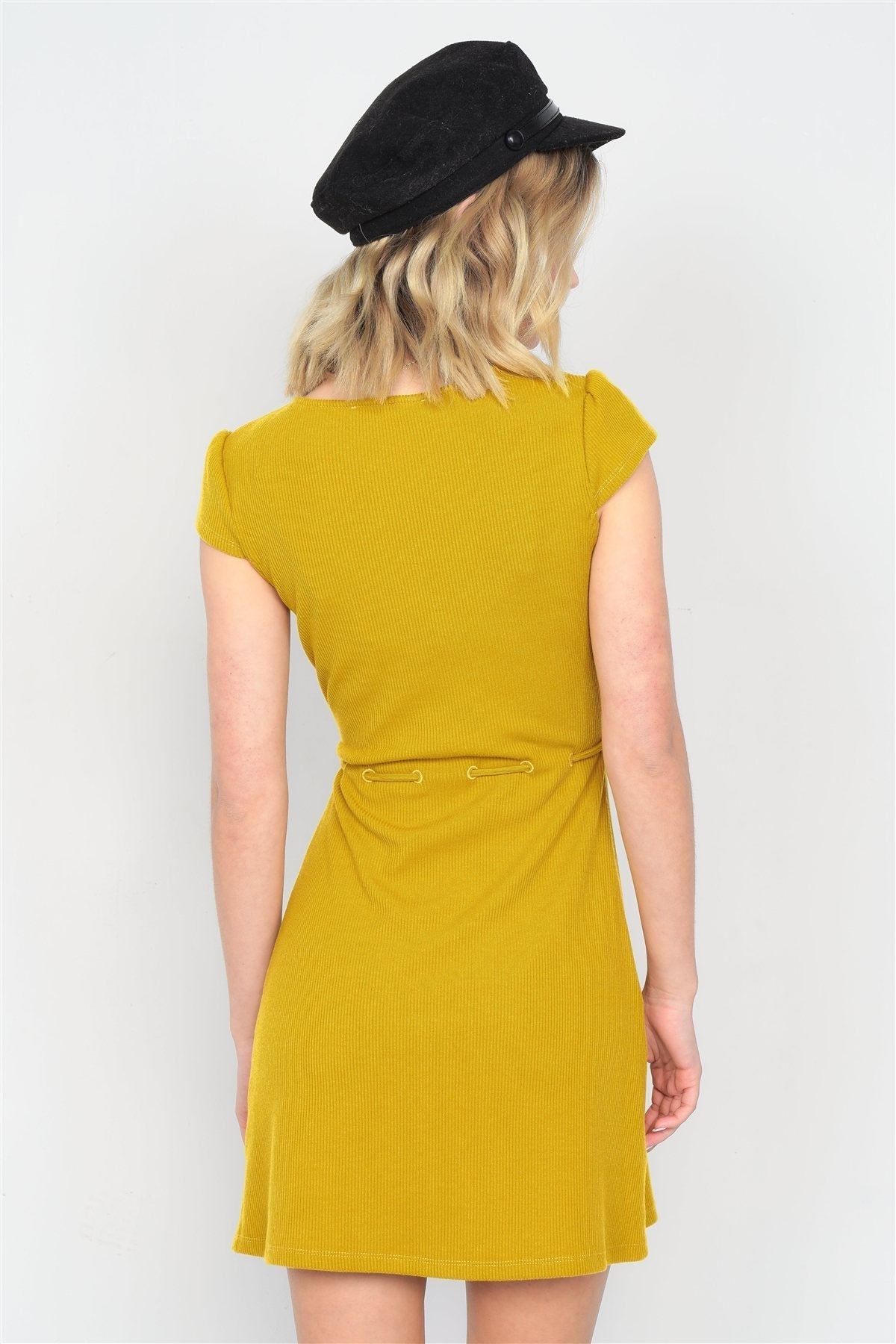 Mustard Ribbed V-neck Cap Sleeve Mini Solid Casual Dress Look Up Deals