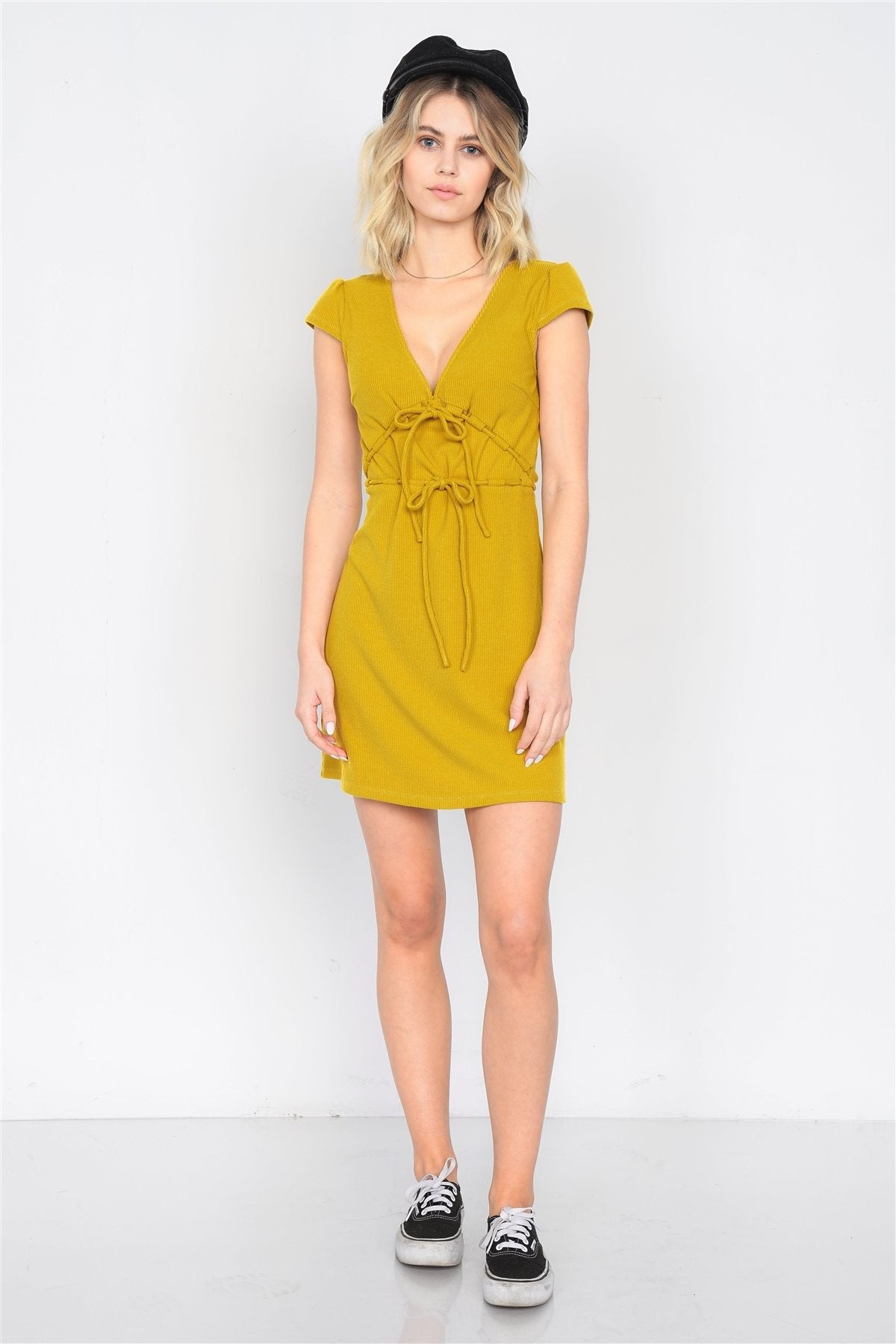 Mustard Ribbed V-neck Cap Sleeve Mini Solid Casual Dress Look Up Deals