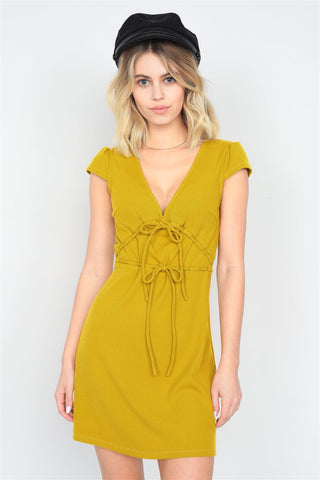 Mustard Ribbed V-neck Cap Sleeve Mini Solid Casual Dress Look Up Deals