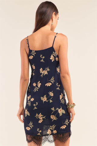 Navy Multi Floral Halter Neck Sleeveless Front Self-tie Lace Trim Slip Mini Dress Look Up Deals