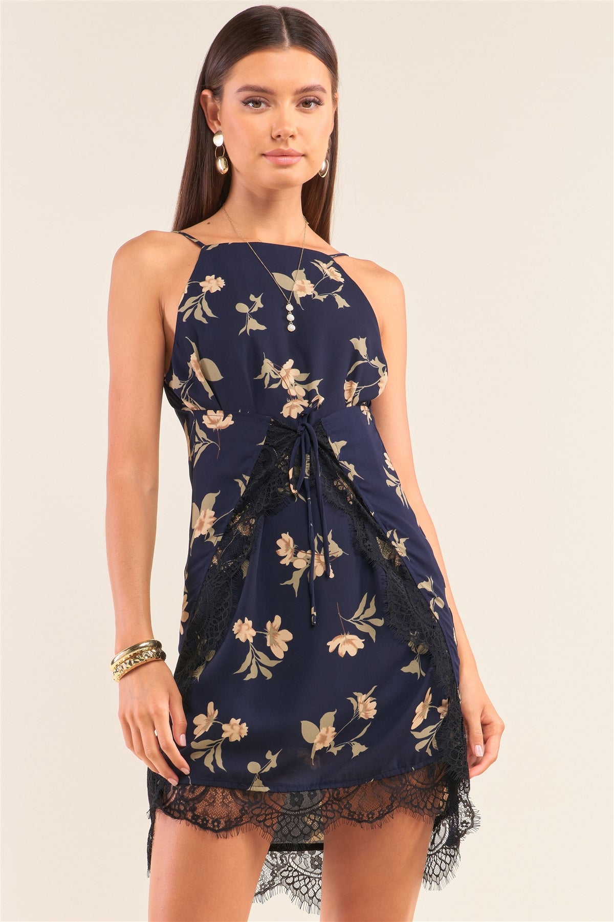 Navy Multi Floral Halter Neck Sleeveless Front Self-tie Lace Trim Slip Mini Dress Look Up Deals