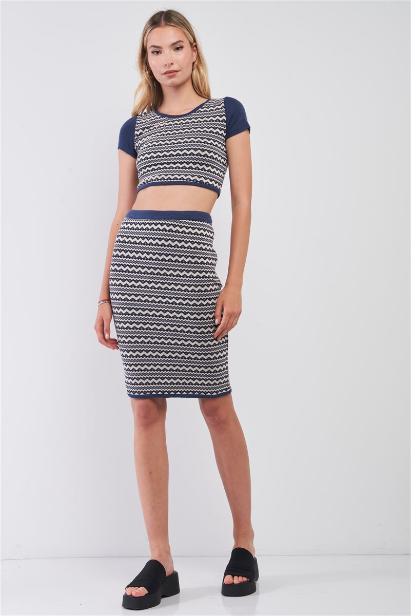 Navy & White Geometrical Pattern Short Sleeve Crop Top & High-waisted Pencil Skirt Two Piece Set Look Up Deals