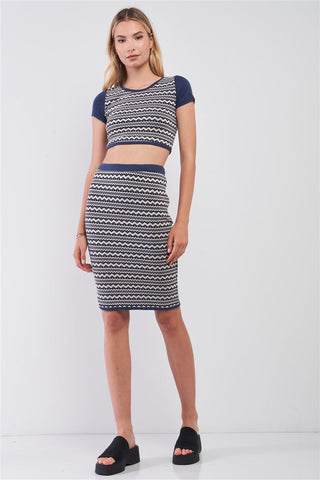 Navy & White Geometrical Pattern Short Sleeve Crop Top & High-waisted Pencil Skirt Two Piece Set Look Up Deals