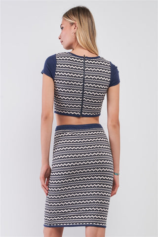 Navy & White Geometrical Pattern Short Sleeve Crop Top & High-waisted Pencil Skirt Two Piece Set Look Up Deals