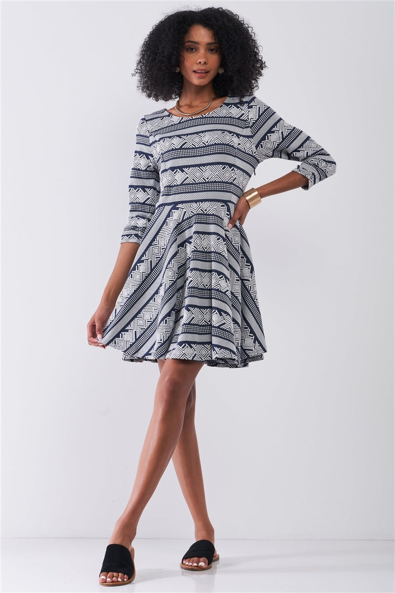 Navy & White Multi Print Round Neck 3/4 Sleeve A-line Mini Dress Look Up Deals