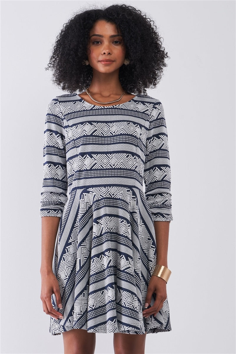 Navy & White Multi Print Round Neck 3/4 Sleeve A-line Mini Dress Look Up Deals